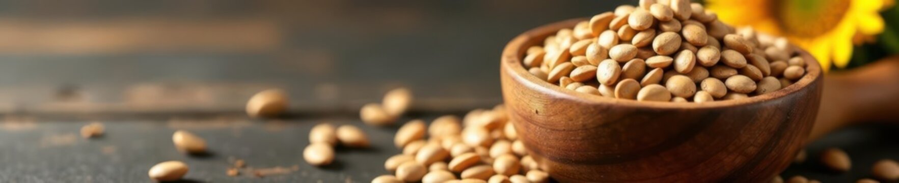 Wooden bowl brimming with sunflower seeds and oil , unprocessed, delicious, still life