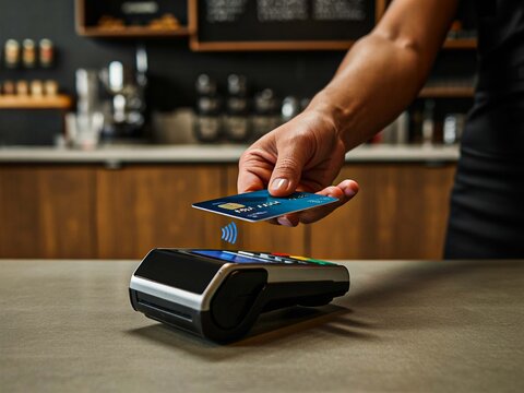 Customer making contactless payment with credit card at point of sale terminal in cafe