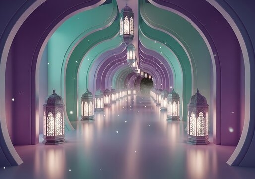 Beautiful mosque interior with hanging lanterns
