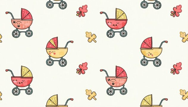 Adorable newborn stroller seamless pattern Hand-drawn vector doodles for textile print , nursery, digital art