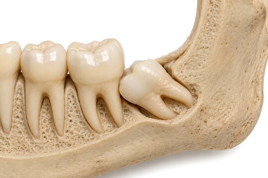 Impacted wisdom tooth growing horizontally pushing molars in human jaw bone anatomy 3d illustration