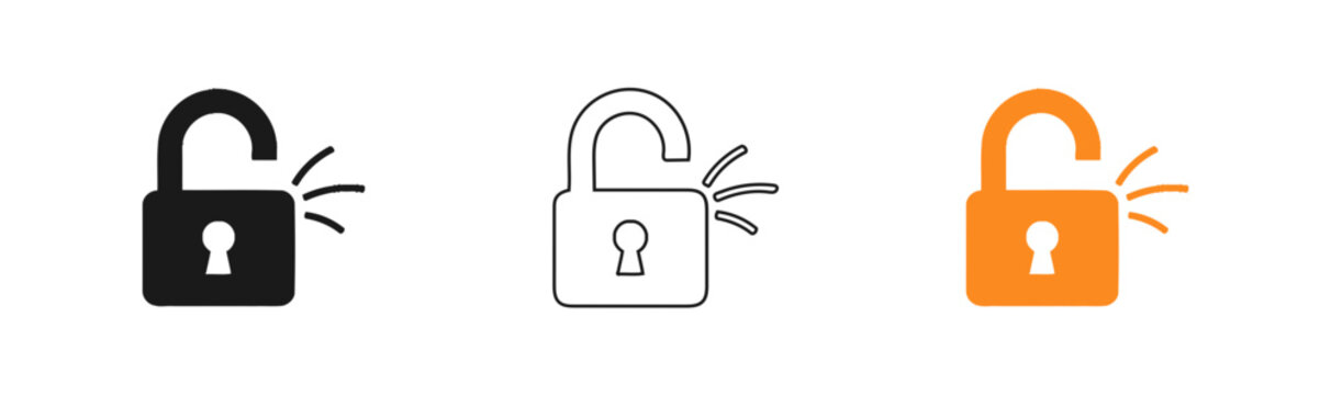 Open padlock icon set black outline and orange versions