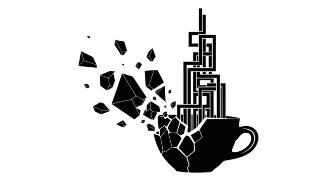 Black coffee cup with broken pieces.