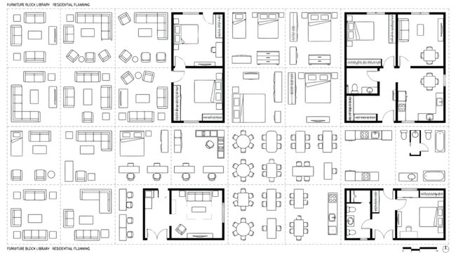Furniture block library for residential planning, architectural floor plan symbols, top view