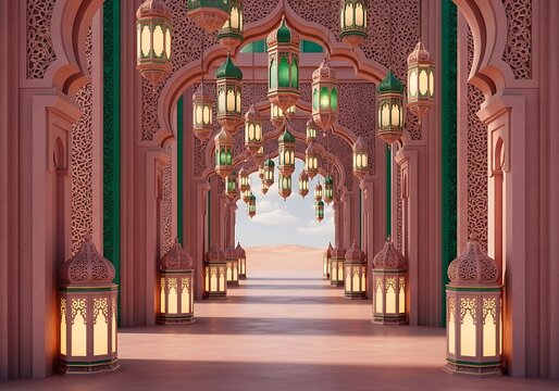 Elegant mosque interior with hanging lanterns