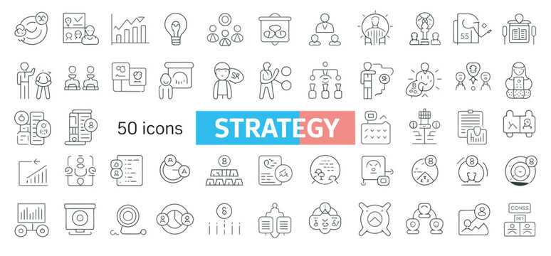 50 strategy icons illustrating business planning, teamwork, and organizational development