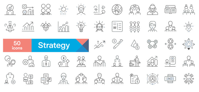 Collection of 50 strategy icons for business planning, teamwork, and growth
