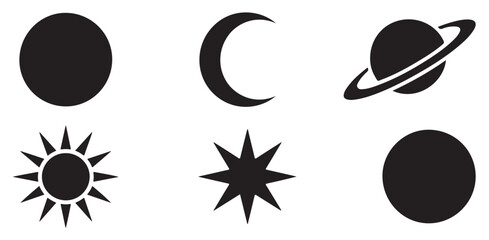 Basic cosmic shapes featuring sun crescent moon planet with rings star burst and circular planets. © MdSamsul