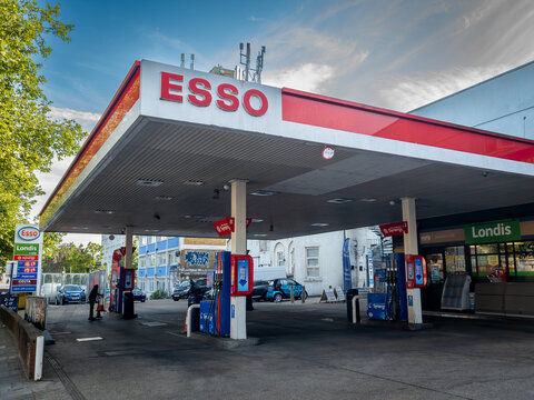 London. UK- May 09. 2026. A street view of a ESSO petrol and diesel service station, a major international trading name for ExxonMobil fuel products.