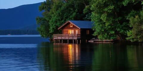 Fototapeta premium Wooden cabin on lake edge at twilight. Warm light from windows reflects on calm water surface. Trees surround rustic lodge, evening nature scene.