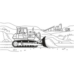 Clean line art illustration of a bulldozer leveling a hauling road in a mining area and front blade pushing soil evenly © rahmat