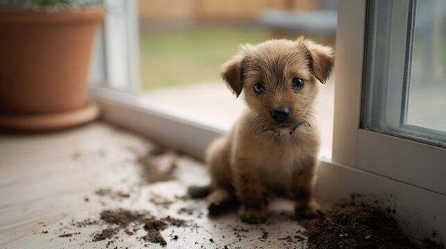 Adorable brown puppy sits innocently beside a mess of spilled dirt indoors, looking directly at the camera with big, curious eyes