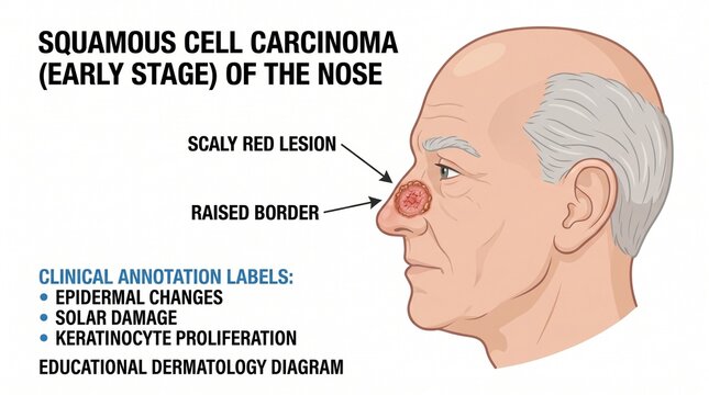 Medical illustration of early-stage squamous cell carcinoma (SCC) on the nose with anatomical labels.