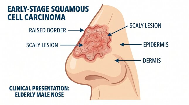 Medical illustration of early-stage squamous cell carcinoma (SCC) on the nose with anatomical labels.