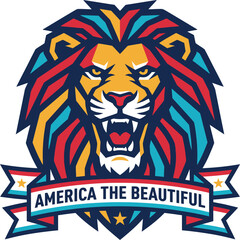 Colorful lion head with mane and banner saying America the Beautiful © AhammadMiran99