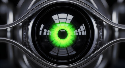 Obraz premium Close-up of a robotic eye with bright green glowing iris artificial intelligence mechanical surveillance machinery abstract biometrics