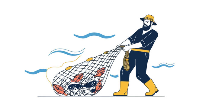 Fisherman pulling net full of fish, cartoon illustration