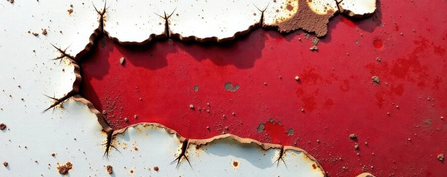Deep crimson rust bleeds through peeling white paint, revealing pitted surface, background, chipped, rough