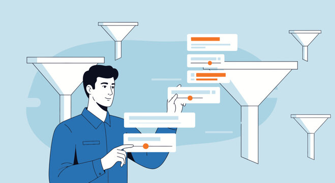 Man adjusting filters, data sorting concept, business process optimization