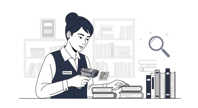 Librarian scanning books with barcode reader, library shelves, search magnifying glass