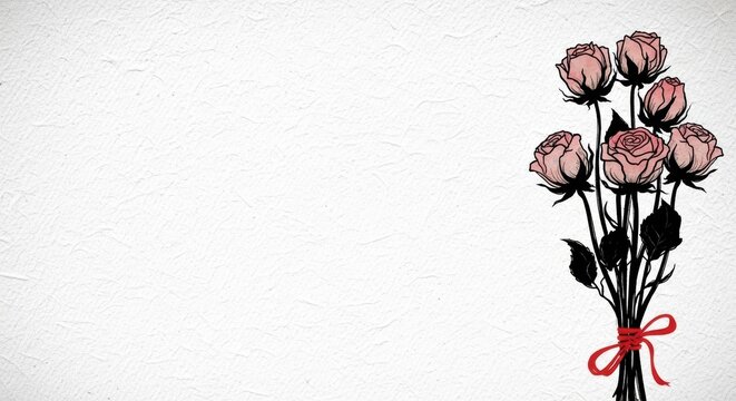 Bunch of pink roses tied with red ribbon on white textured background ideal for greeting cards and floral designs with copy space