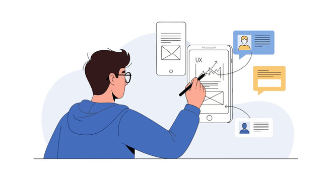 UX designer sketching app interface on smartphone screen with stylus