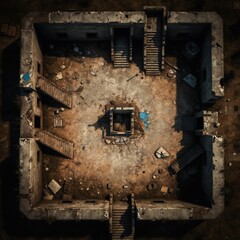 Top-down view of a ruined concrete structure. Crumbling walls, cracked ground, and debris indicate a desolate wasteland. This scene is ideal for tabletop RPGs, wargames, or post-apocalyptic settings.