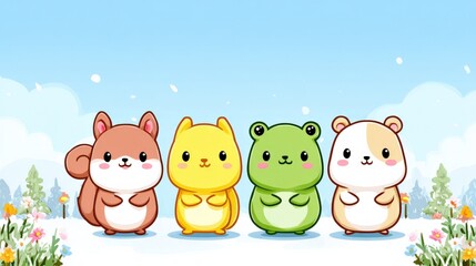 Fototapeta premium Adorable Kawaii Cartoon Animals in a Whimsical Winter Wonderland Scene with Snowfall and Flowers