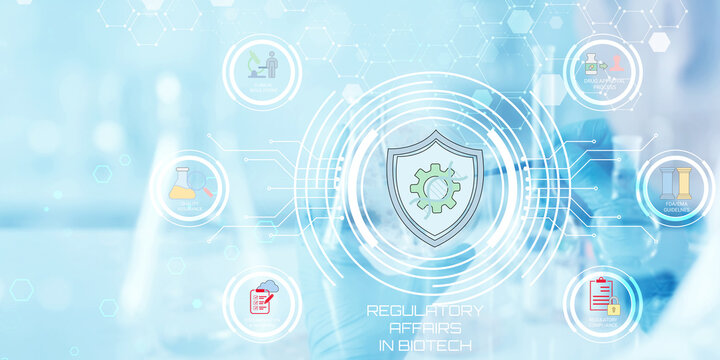 Biotechnology regulatory affairs concept art showcasing a digital shield with a gear inside symbolizing control compliance within the scientific industry slegal guidelines and secure documentation