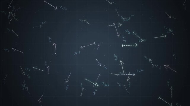 Digital interface background with moving arrows and degrees of rotation