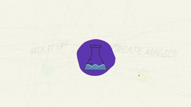Hand-drawn animation of a bubbling chemistry flask with magic smoke and stars, featuring the text "Mix It Up" and "Create Magic".