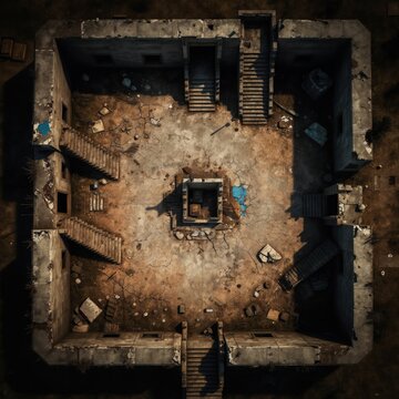 Top-down view of a ruined concrete structure. Crumbling walls, cracked ground, and debris indicate a desolate wasteland. This scene is ideal for tabletop RPGs, wargames, or post-apocalyptic settings.