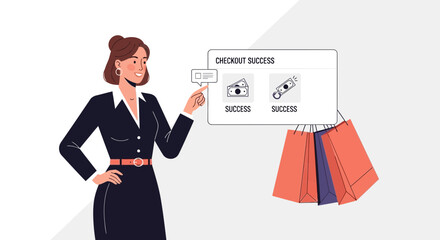 Obraz premium Woman with Shopping Bags and Successful Checkout Confirmation