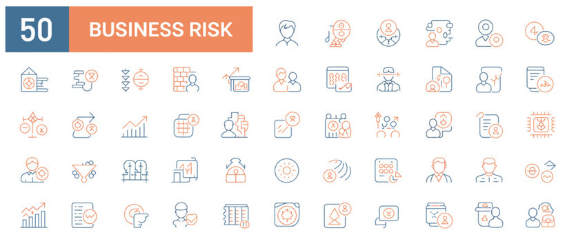 Assortment of 50 business risk icons covering financial, strategic, and operational threats.
