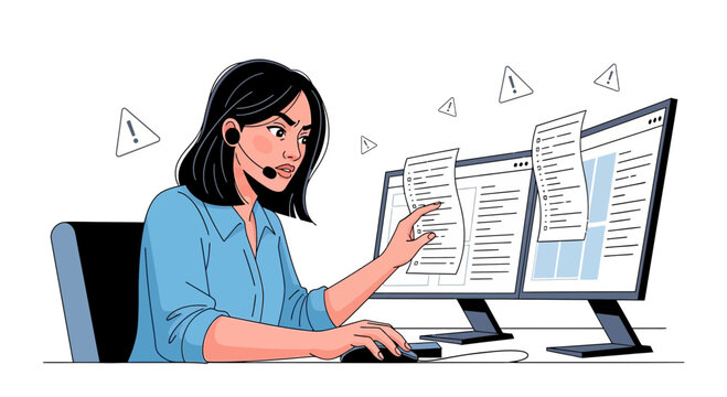 Woman working on computer with attention alerts, cybersecurity, multitasking concept