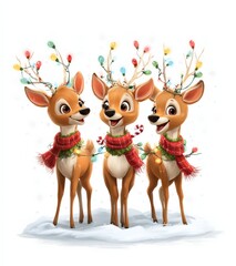 Obraz premium Three Adorable Cartoon Reindeer Wearing Festive Scarves and Christmas Lights on Antlers