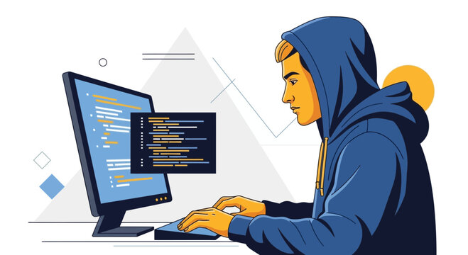 Young coder in a hoodie focused on computer screen with code