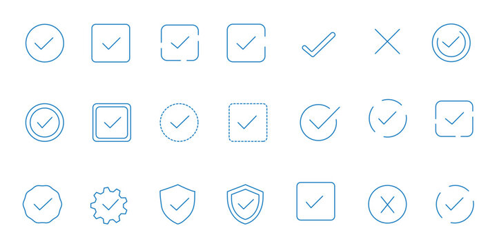  check mark and cross mark icon set.  tick and  x. Symbols of approval and Decline. Check box right and wrong buttons and yes or no checkmark icons 