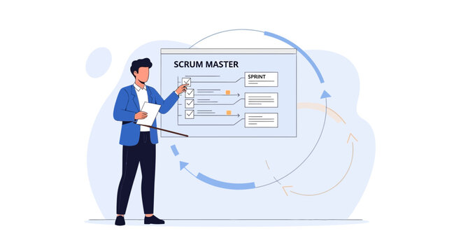 Scrum master explains agile process on whiteboard illustration