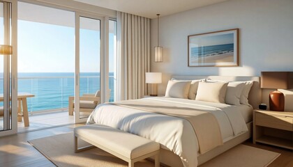 Obraz premium Beautifully appointed bedroom with king size bed, elegant decor, and expansive glass doors opening to private balcony overlooking sea. High quality photo