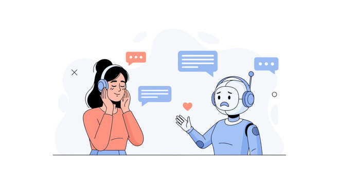 Woman in headphones chatting with sad robot, concept of AI communication barriers