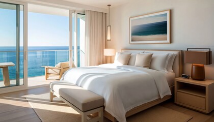 Naklejka premium Spacious and elegantly appointed bedroom suite featuring king size bed, plush furnishings, and stunning view of ocean from balcony. High quality photo