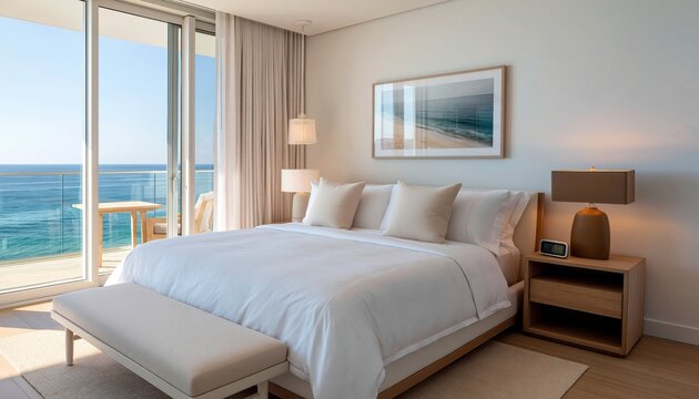 Serene and elegant master bedroom featuring king size bed, plush linens, and stunning panoramic view of ocean from private balcony. High quality photo