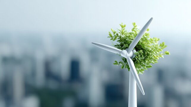 Sustainable future with a wind turbine integrated with lush green foliage, symbolizing renewable energy and eco-friendly urban development