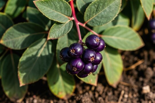 Phytolacca americana berries cluster on stem. Green leaves surround deep purple fruit. Plant grows in garden soil. Natural organic flora detail.