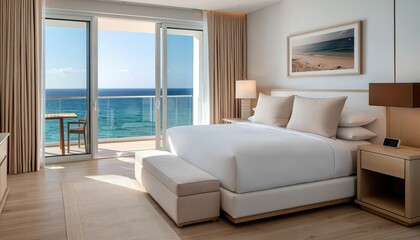 Obraz premium Spacious and elegantly appointed hotel suite featuring comfortable king size bed, modern furnishings, and private balcony overlooking serene ocean vista. High quality photo
