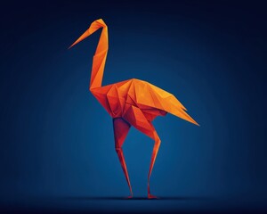 Naklejka premium Vibrant Orange Origami Crane Sculpture Standing Tall Against Deep Blue Background