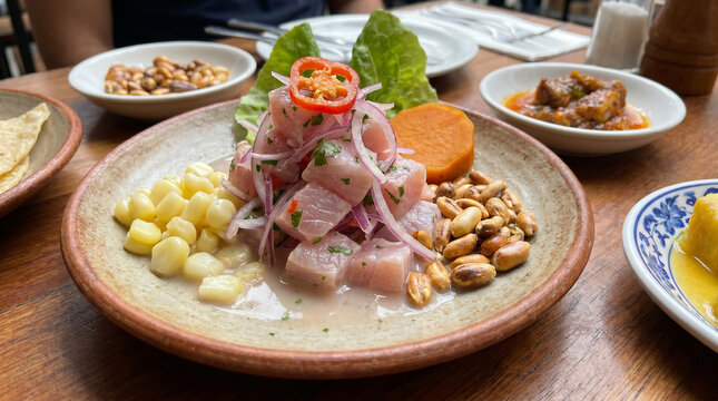 Delicious Peruvian trout ceviche with fried fish rinds and sweet potato on a wooden table. Peruvian cuisine.