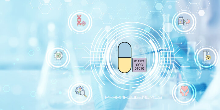 Modern digital illustration showcasing pharmacogenomics with pill chemical structure and futuristic medical icons connected by network lines