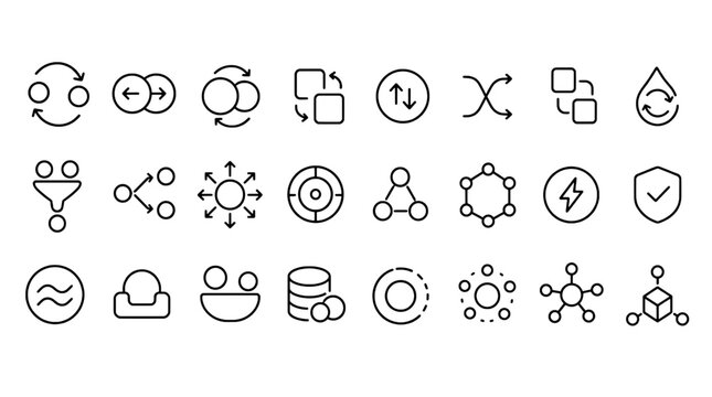 DEX Decentralized Exchange Swap Icons Set - 24 Modern Line Icons Collection for DeFi, Crypto Trading, Token Swap, AMM and Web3 Finance UI Design